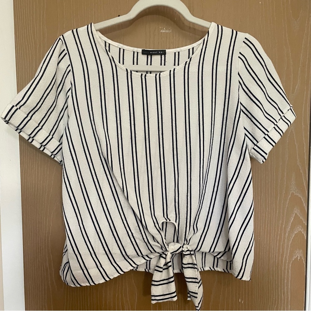 West Kei Ivory and Navy Striped Tie-Front Top